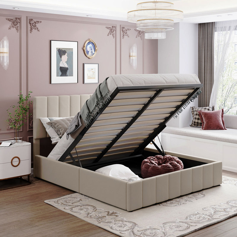 Grand lit plateforme tapissier avec système de rangement hydraulique, Beige