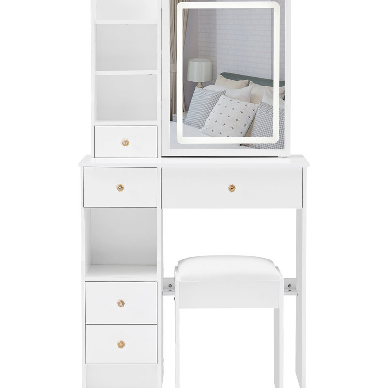 Meuble-lavabo de 29,2 po avec tiroir gauche et tabouret rembourré, commande tactile, changement de couleur tricolore, miroir à luminosité réglable, convient aux petits espaces avec de grandes glissades, parfait pour les petits