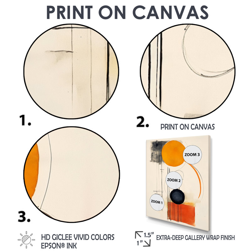 Lune orange, abstrait rétro minimalisme - Art mural abstrait, H 44 po x l 34 po x P 1,5 po, Toile avec cadre flottant or