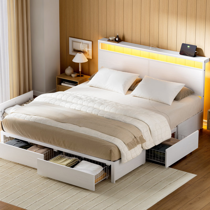 Antioch Queen Bed with 4 Drawers & Storage Headboard, Adjustable LED Light and Charging Station, No Box Spring Needed, White
