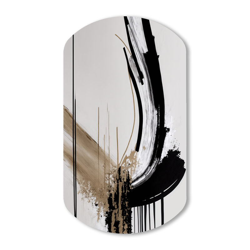 «Golden Minimalist Abstract IV», art mural cylindrique abstrait en métal, impression asymétrique noire sur métal
