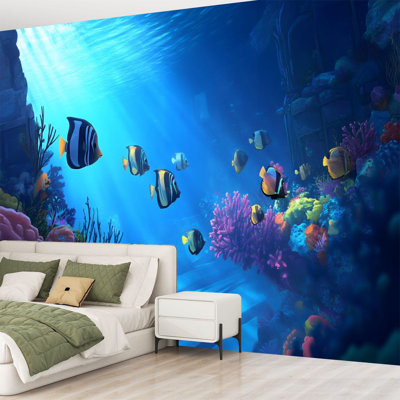 Peel and Stick Canvas Wallpaper Wall Mural Bright Underwater Coral Reef Scene Tropical Fish Wall Art Self Adhesive and Removable