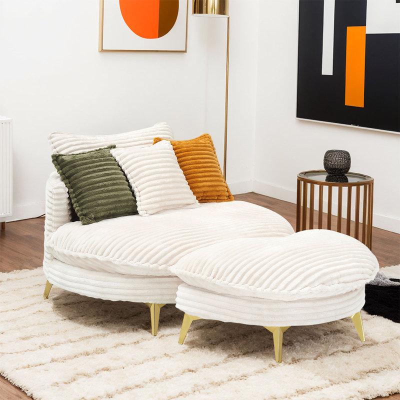 Oversized Reading Chair Upholstered Chaise Lounge Chair Barrel Chair with Ottoman, Beige Corduroy