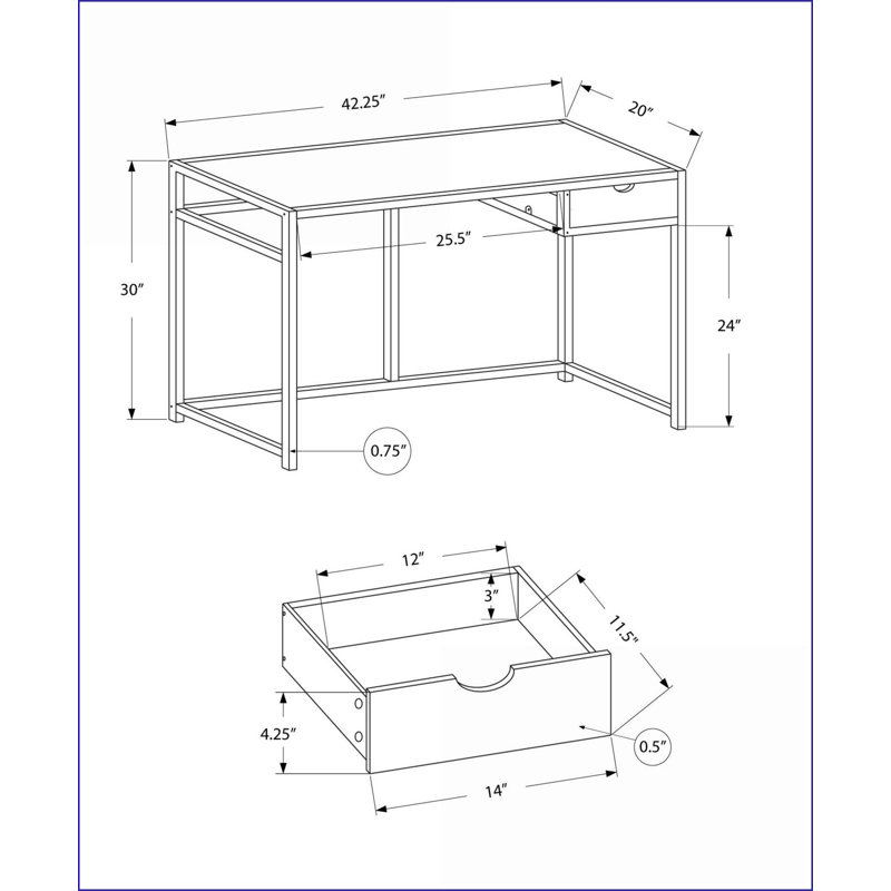 Bureaux pour bureau à domicile avec tiroir de rangement, stratifié noir contemporain L 42 po Bureau d'ordinateur en métal | Noir | Panneau de fibres à densité moyenne
