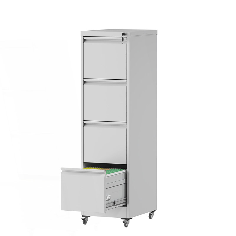 4 Drawer Metal Locking Vertical File Cabinet On Wheels, Heavy-Duty Lockable Cabinet, Living Room Cabinet, White