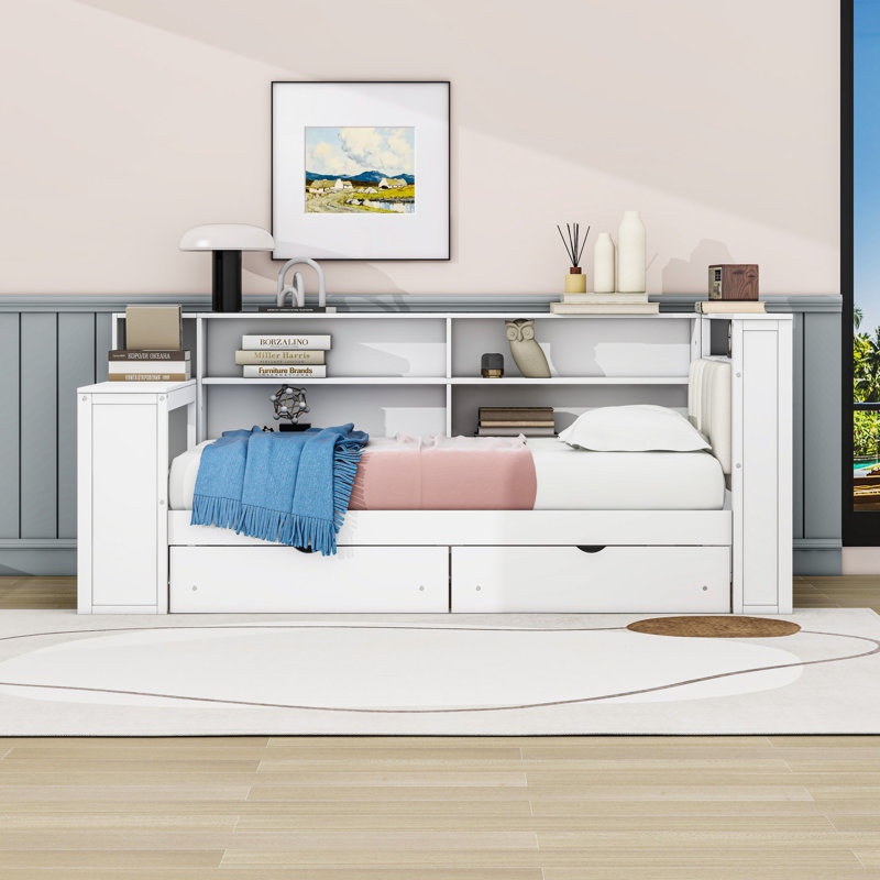 Daybed with LED Lighting, Built-in Storage Drawer, Shelves,Desk, and Charging Station, Twin, White Beige