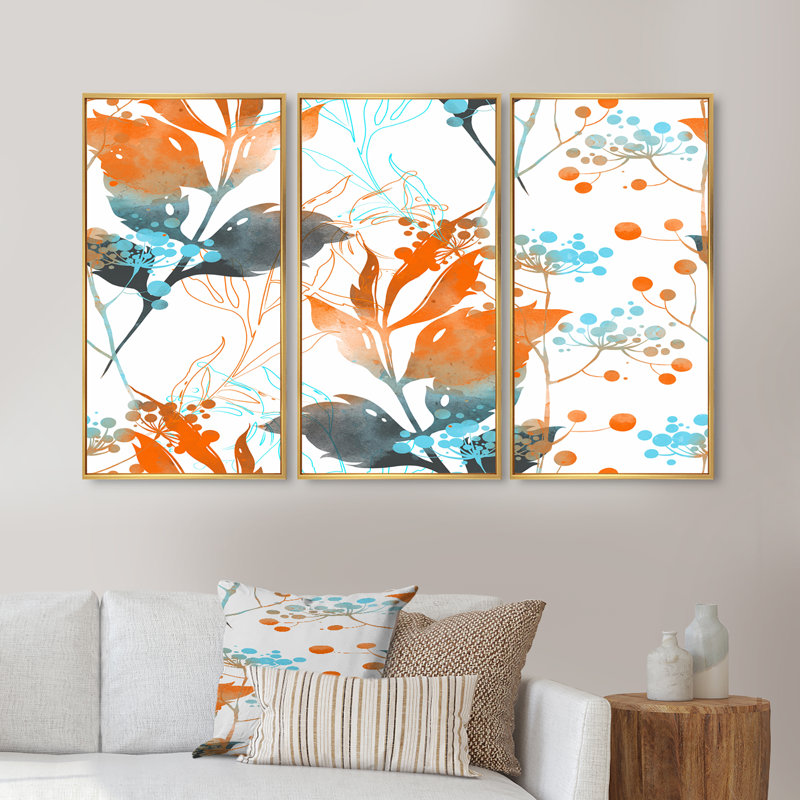 Boho orange et feuilles bleues - ensemble d'art mural sur toile traditionnel encadré de 3