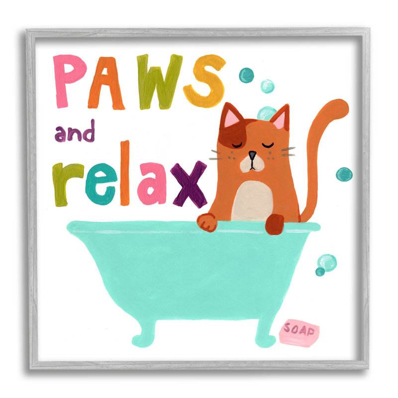 «Paws & Relax Cat Bathaign Bathroom», art texturé giclée par June Erica Vess, L 24 po x H 24 po, Estampe numérique Farmhouse