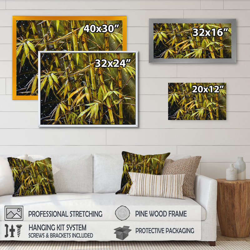 «Girand Green Floral Bamboo Dreamscape IV», reproduction sur toile, H 30 po x l 40 po x P 1,5 po, Cadre flottant doré