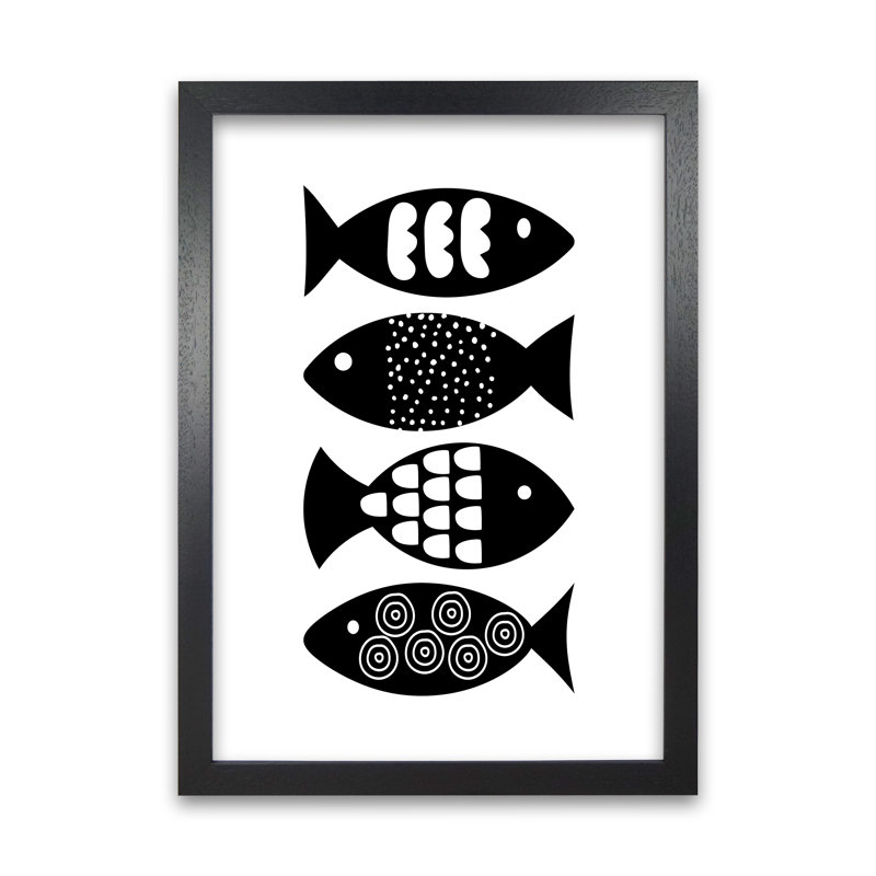 Black And White Scandi Fish - Print, 84cm H x 59cm W x 3cm D, Black Frame