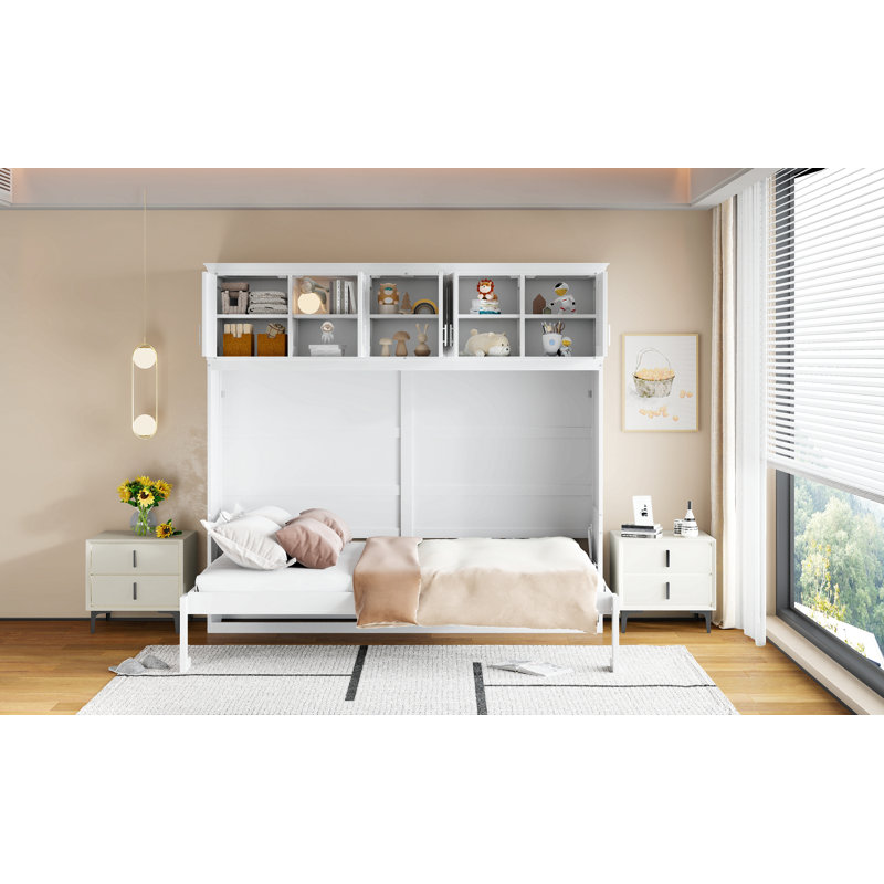 Lit escamotable mural avec armoires supérieures Murphy, Blanc, Grand lit