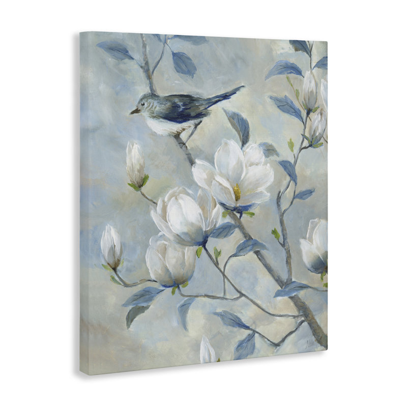 Oiseau bleu sur toile magnolia, design par Nan, H 30 po x l 24 po