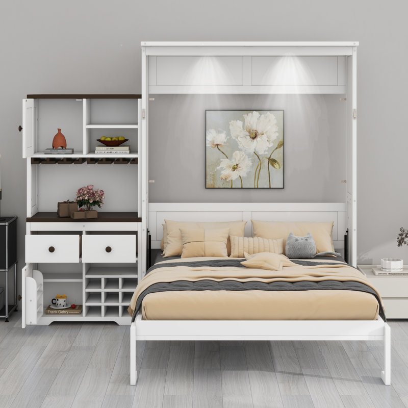Lit escamotable avec armoire de rangement, support à vin, porte-verre, tiroirs et bande à DEL multicolore, Blanc