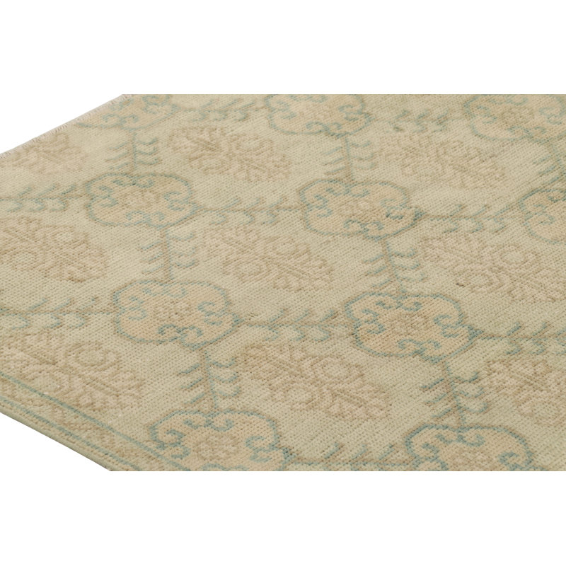 Vintage Distressed Rug, Beige And Green Floral Geometric Pattern - Rug & Kilim