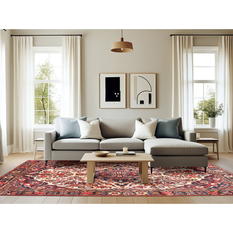 Tapis décoratif rouge à motif oriental Myah, Rectangle 6 pi x 9 pi