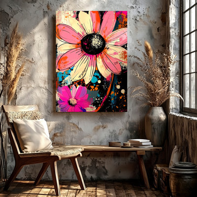 Reproduction d'art sur toile florale colorée abstraite, rose et marguerite rose