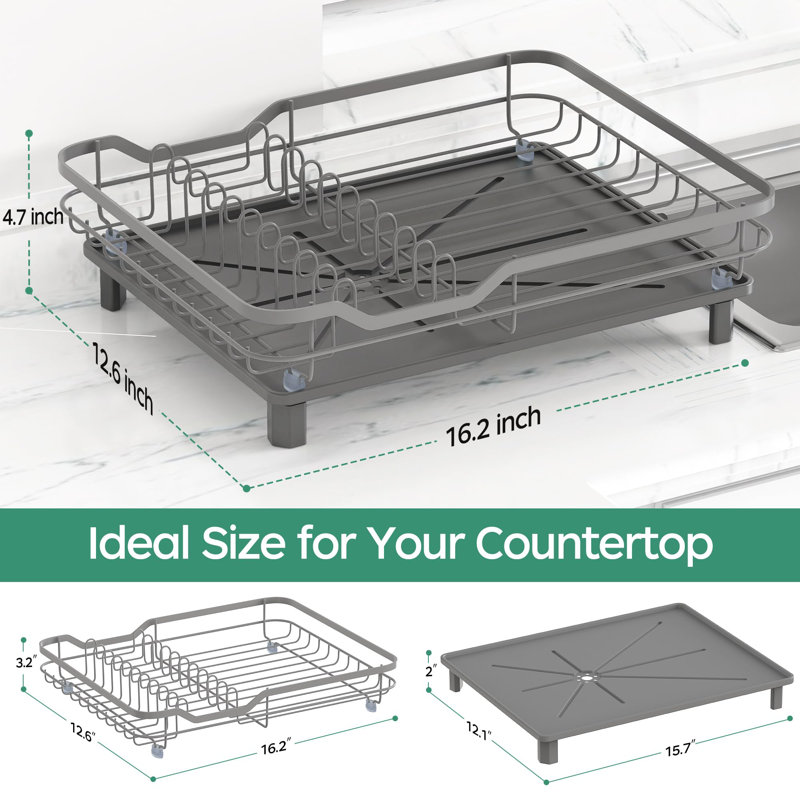 Dark Gray Stainless Steel Dish Drying Rack with Utensil Holder