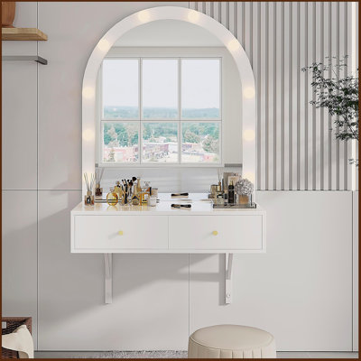 Meuble-lavabo flottant avec miroir et 3 lumières de couleur, coiffeuse murale avec prise de courant, meuble-lavabo compact, grand rangement, blanc