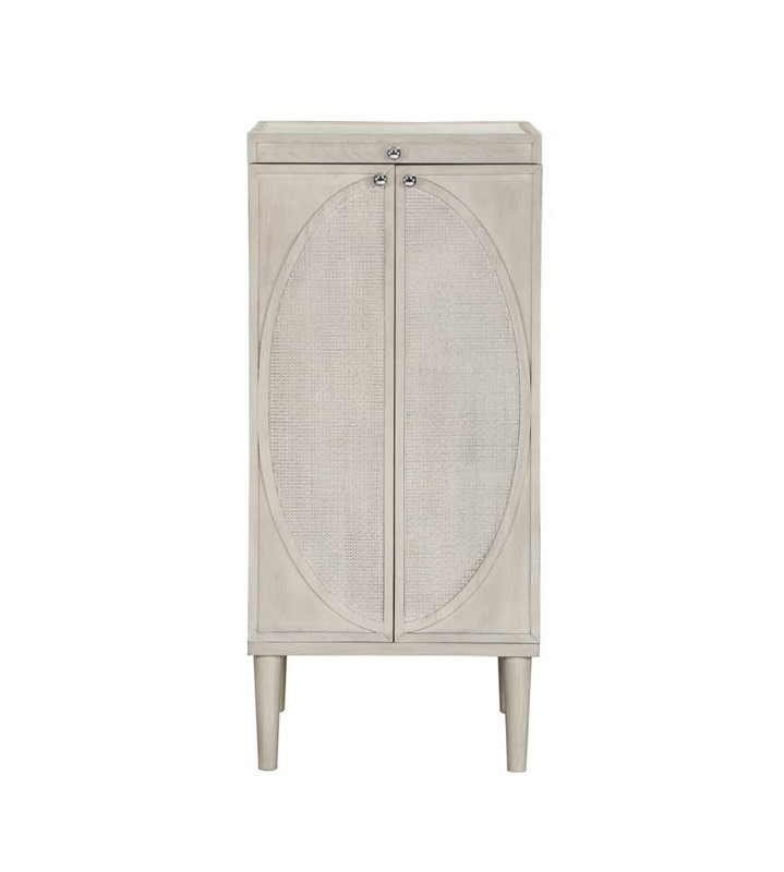 Wooden Washed Oval Rattan Front Armoire Jewelry 2 Door, 6 Drawer, And 32 Hook Geometric Light Gray Room Cabinet With Mirrored Lift Top And Organizer Shelf
