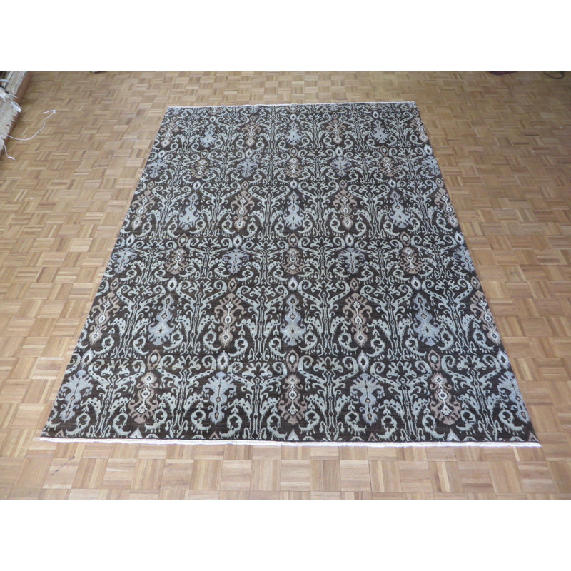 Tapis brun / bleu en laine noué à la main Ikat, Rectangle 7 pi 8 po x 9 pi 11 po