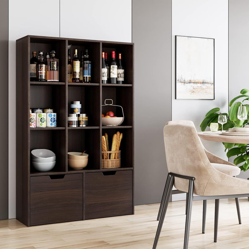 Organisateur de rangement 9 cubes avec tiroirs, bibliothèque haute avec rangement, Brun