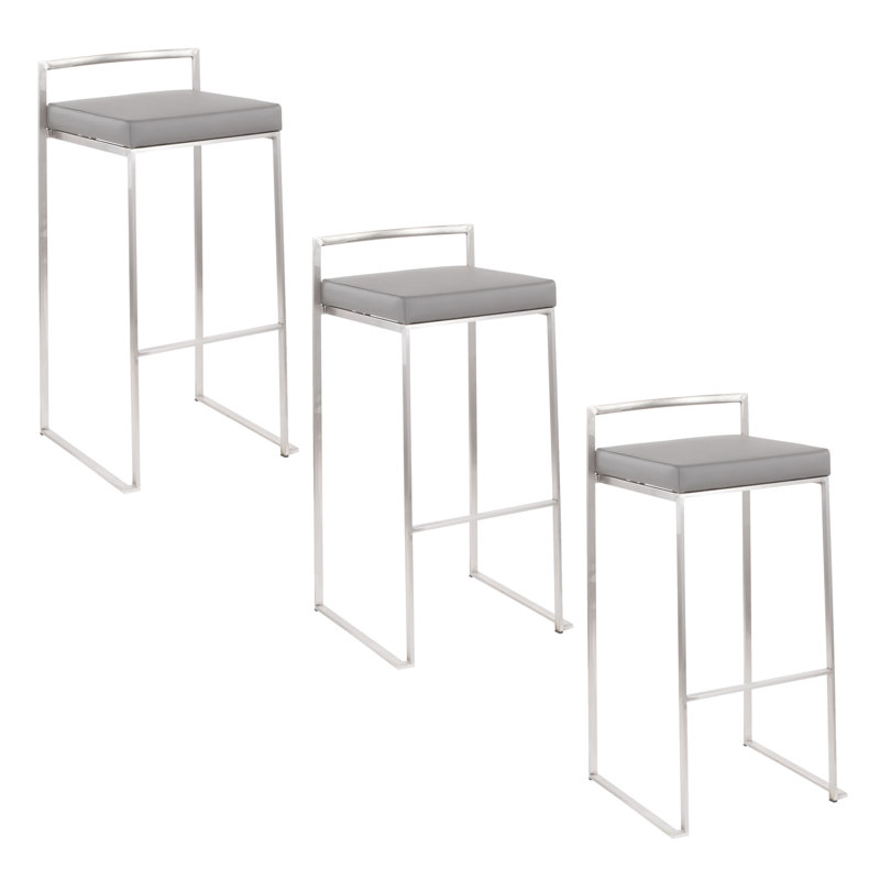 Ernestine Stackable Faux Leather Stool, Bar Stool (30" Seat Height), Gray/Stainless Steel