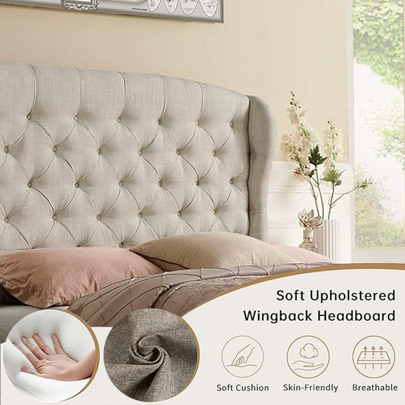 Tête de lit tapissier à oreilles de luxe en lin - Moderne - Hauteur réglable - Capitonnage à boutons, Lit simple, Beige