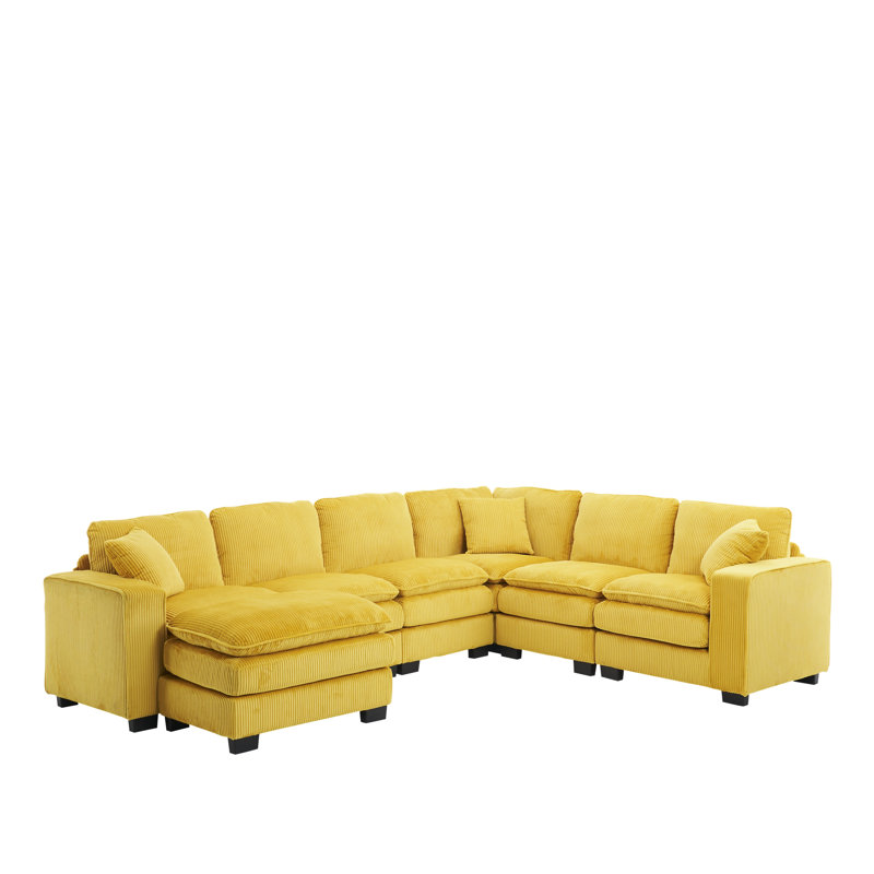Modern U Shaped 6-Seat Sectional Sofa Couch With One Ottoman And Three Toss Pillows, Yellow Corduroy