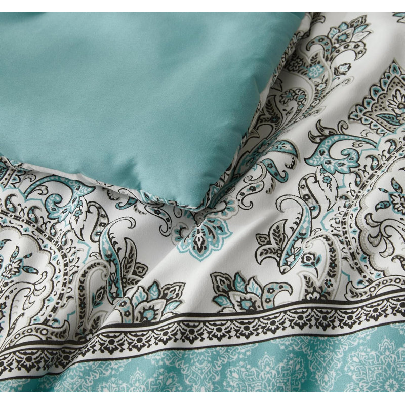 Herald Printed Boho Damask Microfiber Comforter Set, Black/White/Aqua Blue Damask, King Comforter + 2 King Shams