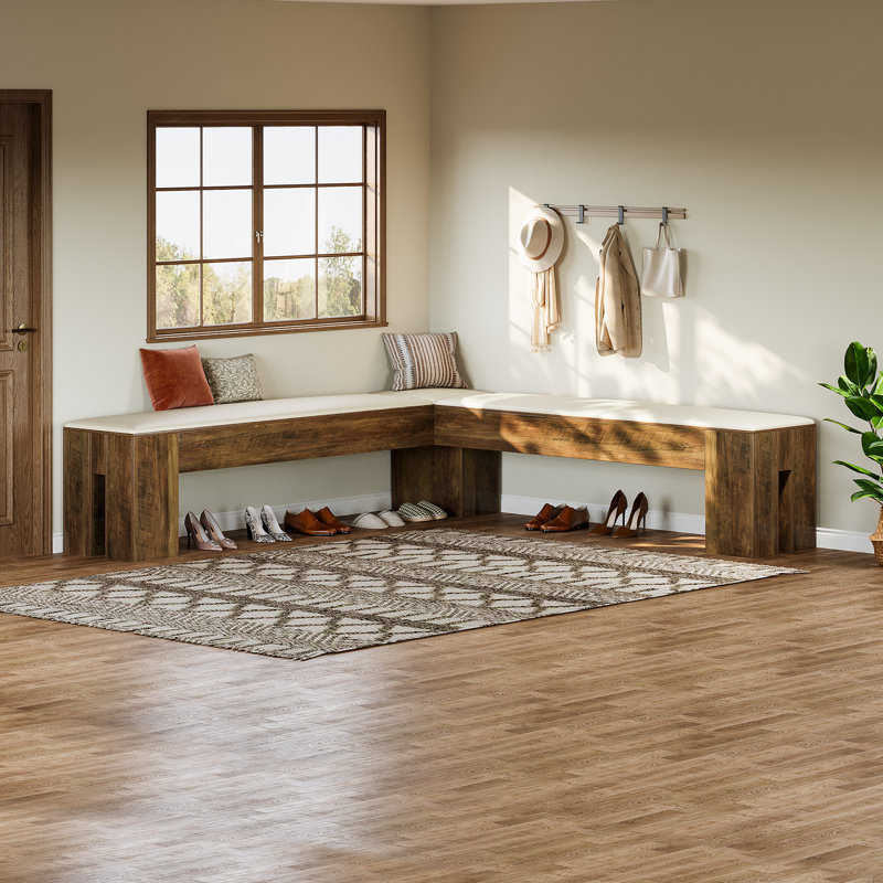 61" Entryway L-Shaped Shoe Bench with Padded Seat Cushion, Corner Breakfast Nook Seating for Dining Room, Kitchen, Cloakroom, Entryway, White Brown
