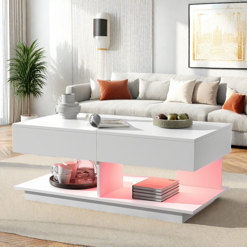Table basse extensible avec plusieurs compartiments de rangement, bande à DEL de 16 couleurs et base robuste, Noir