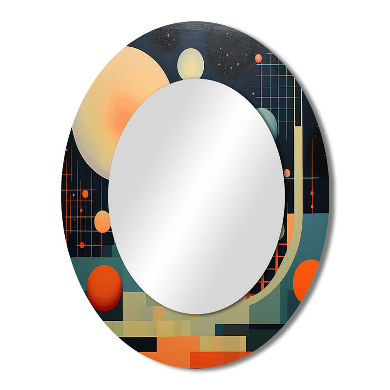 Pleine lune Visions Mid-Century abstrait géométrique - grand miroir mural ovale sur métal, 43 po x 33 po