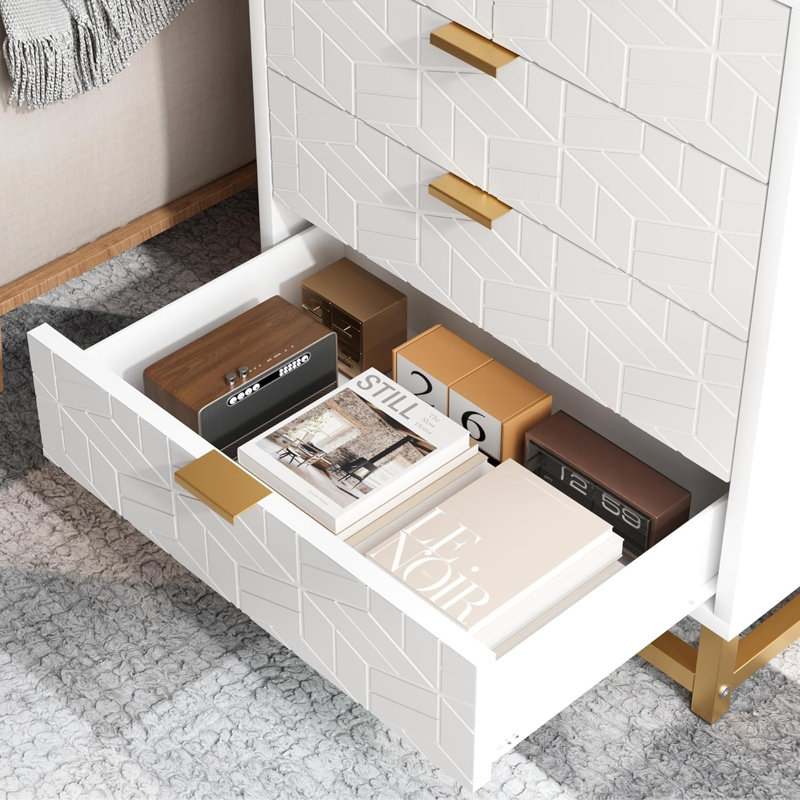 5 Drawer Dresser, With Gold Metal Handles, White