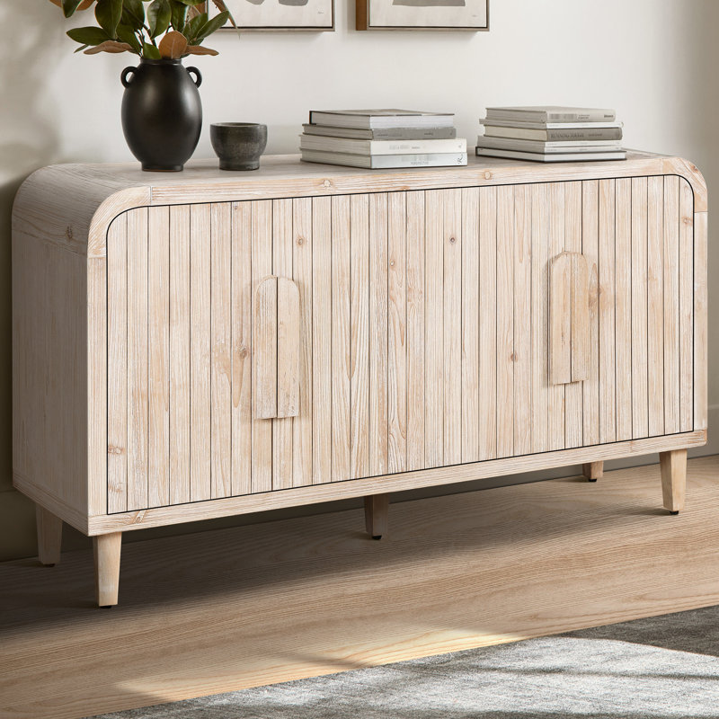 59'' Vintage Curved Sideboard With Vertical Wood Grain & Large Wooden Handles, Adjustable Shelves For Kitchen And Dining Storage Sideboard, Room, Antique White