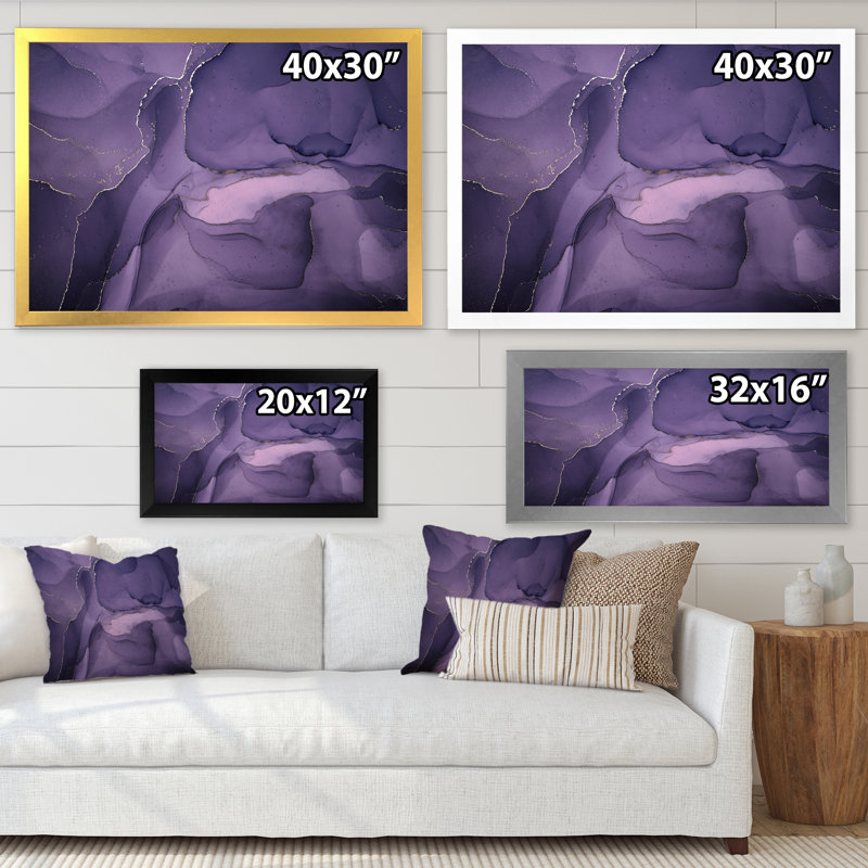 «Mauve et gris», nuages d'encre de marbre II - peinture sur toile, H 24 po x l 32 po x P 1 po, Cadre photo noir