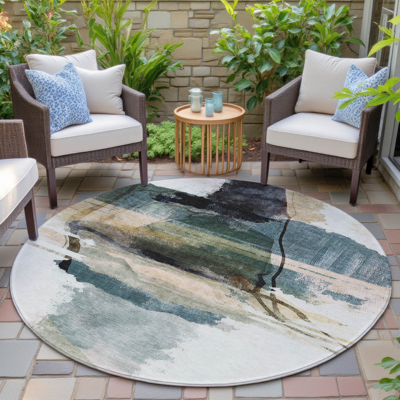 Machine Washable Indoor/Outdoor Xhevrie Green Rug, Round 8'
