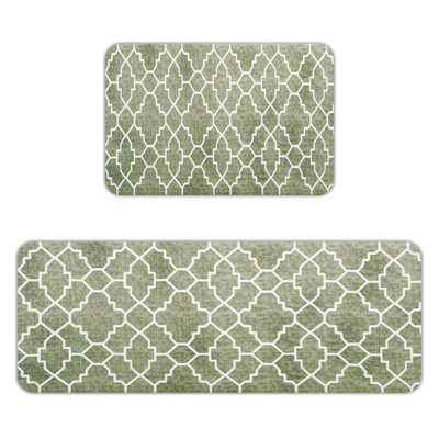 Sage Green Moroccan Trellis Kitchen Rugs, 2-Piece Non-Slip Set for Entryway & Kitchen