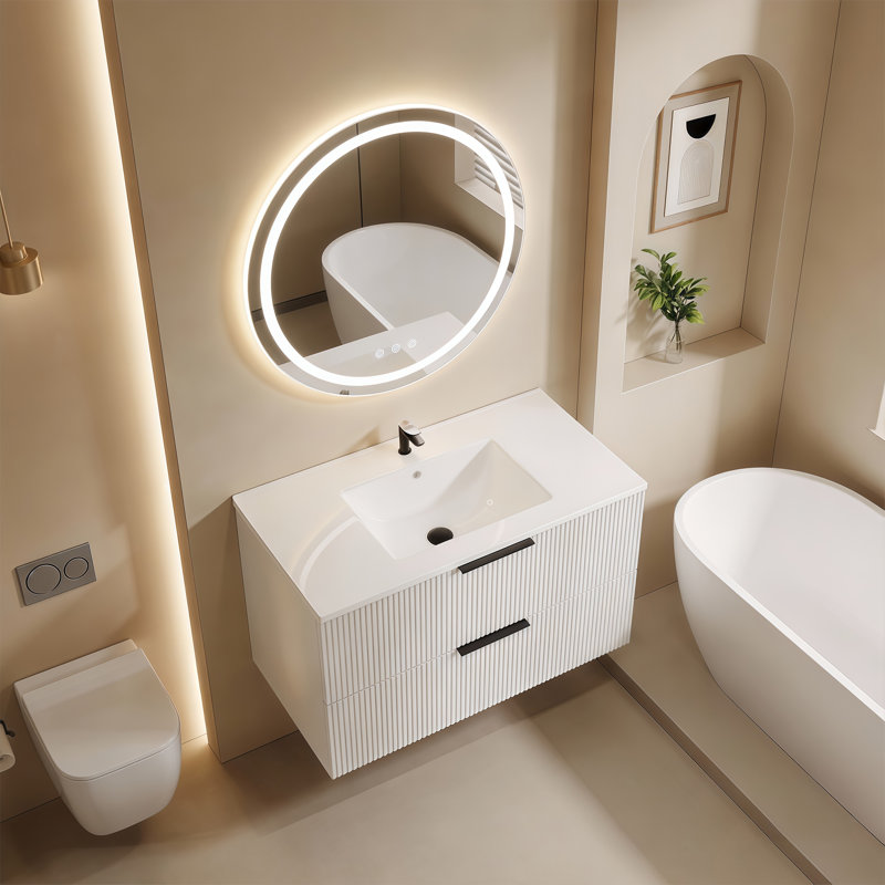Meuble-lavabo de salle de bain avec lavabo mural noir avec lavabo en céramique, Gris, 36"