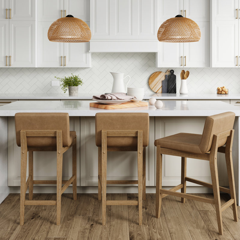 Light Brown Faux Leather Counter Stools with Wooden Legs, Set of 4