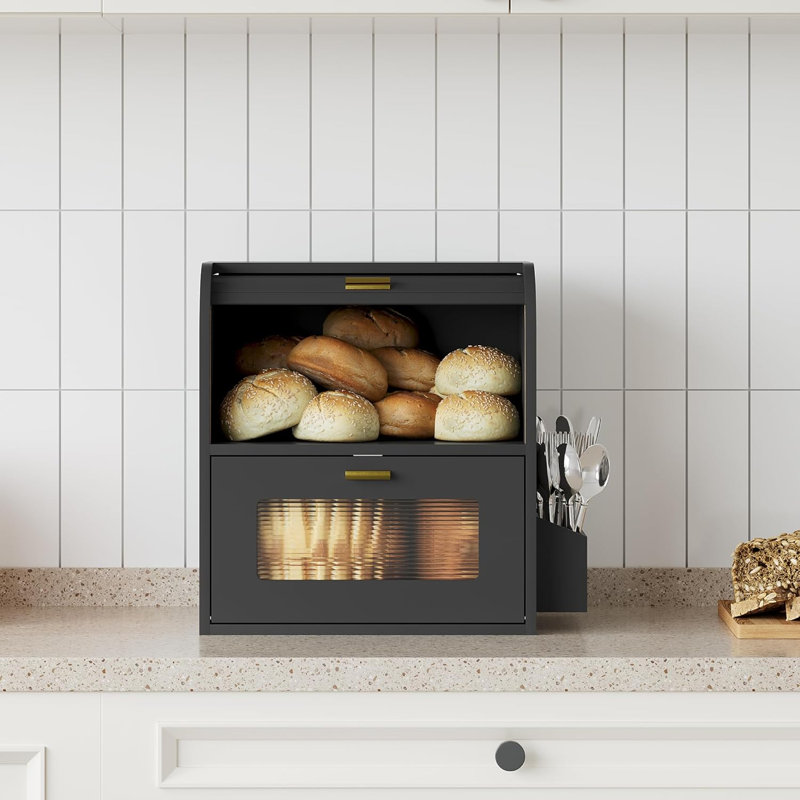 Boîte à pain à roulettes pour le comptoir de la cuisine, garde la fraîcheur plus longtemps, facile à entretenir, boîte à pain en bois rétro à double couche avec fenêtre pour le pain fait maison, pains de sandwich, produits de boulangerie