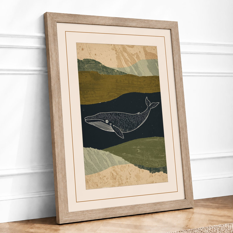 Whale and Mountain Coastal - Framed Print, A4 - 29.7 x 21.0 cm, Oak