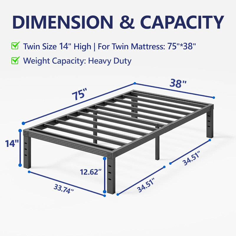 Cadre de lit simple 14 po Ebern Designs Structure de lit plateforme en métal robuste sans sommier, Lit simple