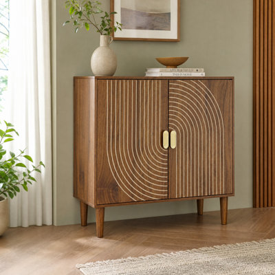 Modern Buffet Cabinet with Line Groove Doors, Adjustable Shelf & Storage, Walnut