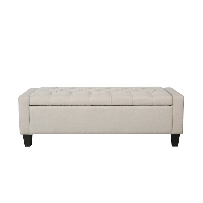 Beige Fabric Button Tufted Storage Bench with Hinged Lid