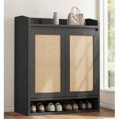 Rattan Shoe Cabinet With 2 Doors, 5-tier Shoe Storage Cabinet With Adjustable Shelves