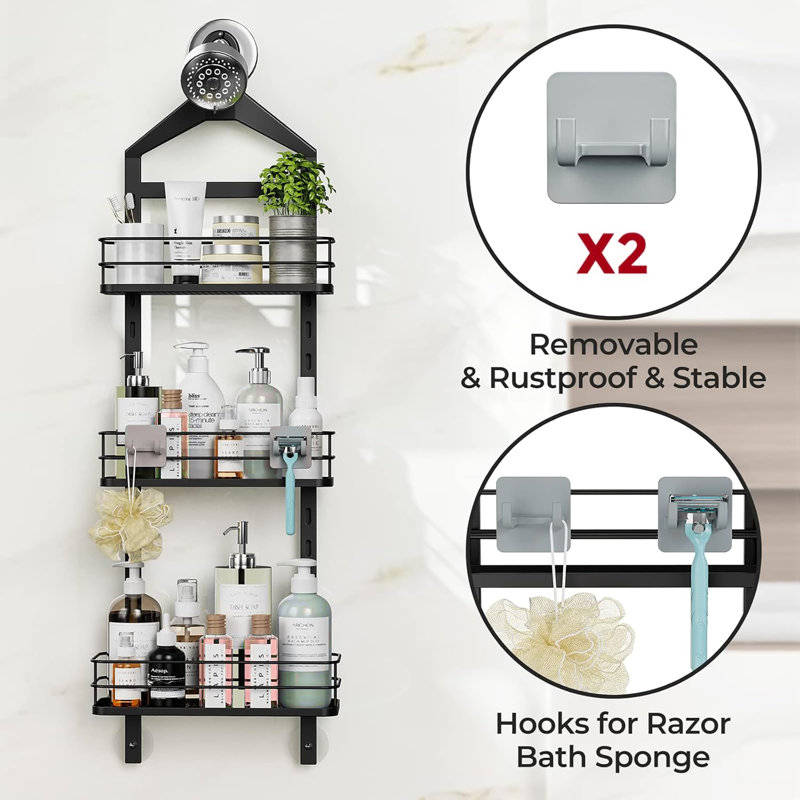 Max Capacity & Stable Hanging, 3-Tier Height - Adjustable Shower Caddy, Black