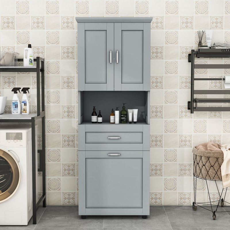 Graisyn Tall Bathroom Cabinet with Integrated Laundry Basket and Adjustable Shelf, Gray