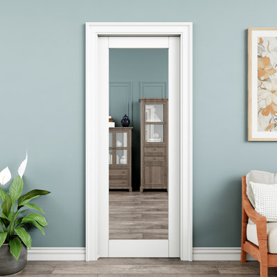 30x80 Full Mirror Single Pocket Door with Hardware Kit and Soft Close, Sliding Closet Doors, One Side Full Mirror, Backside Solid Core White Panel, Sliding Pocket Door for Bathroom