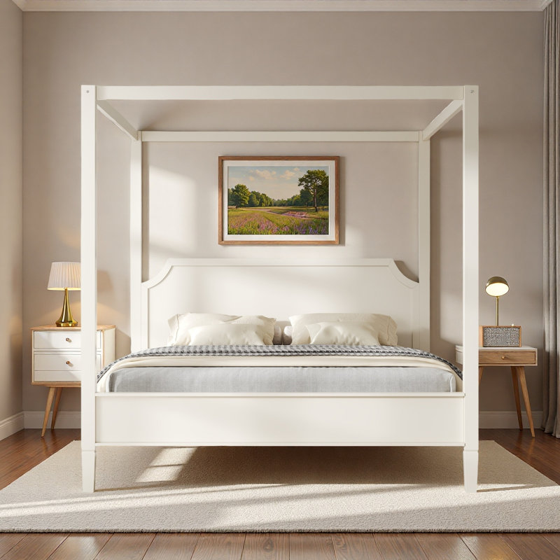 Lit plateforme à baldaquin en bois avec tête de lit élégante et pieds de soutien, Très grand lit, Blanc crémeux