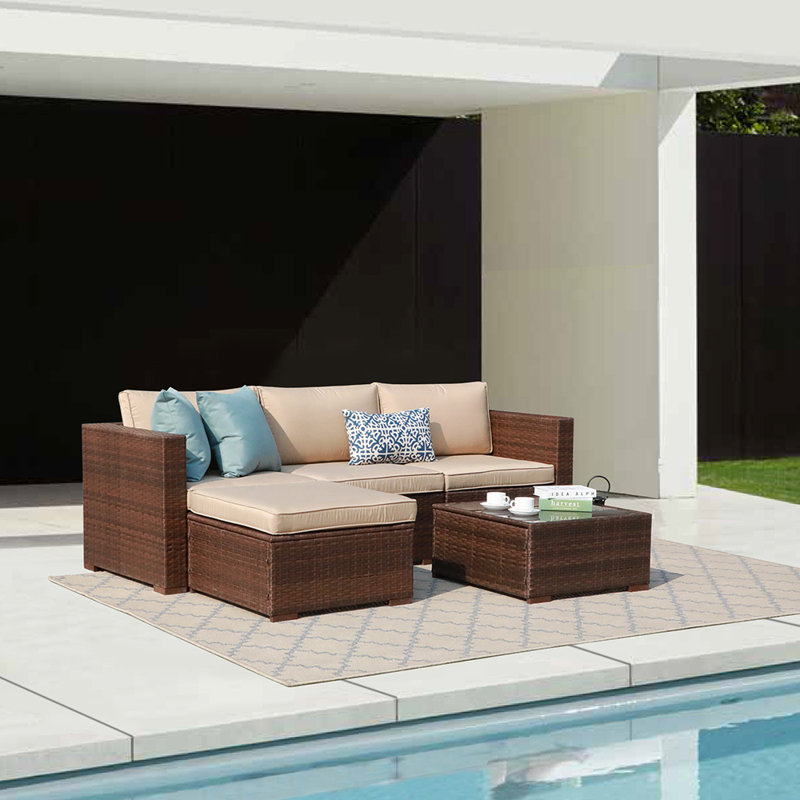 Abler 3-Person Wicker Modular Patio Conversation Set with Cushions, Brown/Beige